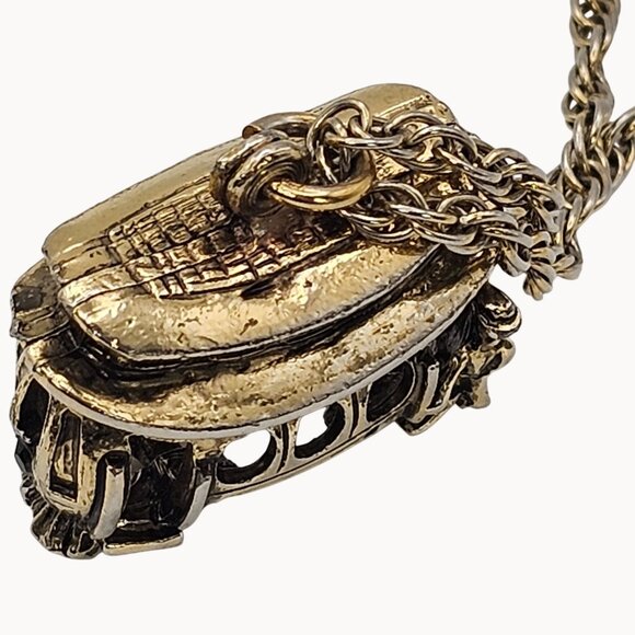 VTG Necklace Brass Tone Trolley Train Box Car Whimsigoth Steampunk Fashion - Picture 2 of 16